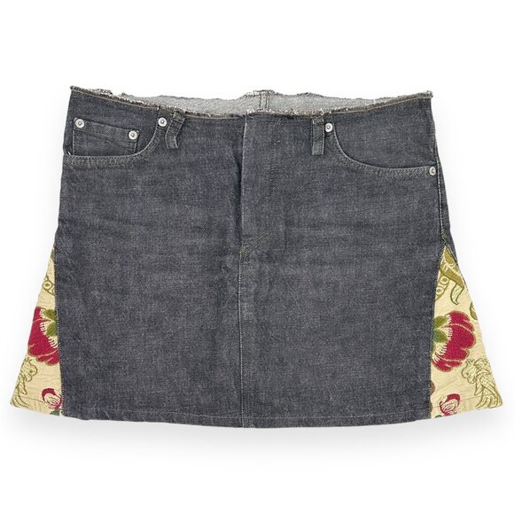 Helmut Lang RARE 1990s Vintage Gray Raw Hem Tapestry Trim Denim Jean Mini Skirt - Picture 1 of 6